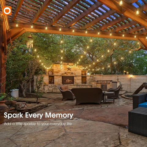 Cozy patio lit with 50Ft Outdoor String Lights With 27 Edison Dimmable LED Bulbs Weatherproof And Shatterproof For Outdoor Cafe
