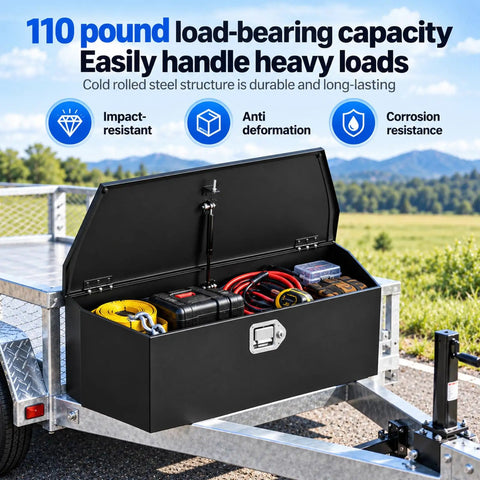 Beefy Heavy Duty Steel Trailer Tongue Box For Pickup And RV Featuring Cold Rolled A Frame Storage setup with gear inside.