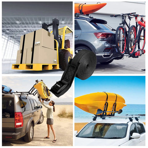 Collage showing 4 Pack Beefy Heavy Duty Cam Buckle Tie Down Straps 1 Inch Wide By 16 Feet Long for securing cargo on vehicles and equipment