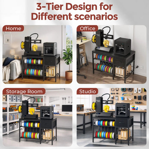 Heavy Duty Metal 3D Printer Stand With Filament Storage And Power Hub Rock Solid Workstation Rig in home, office, storage room, studio settings.