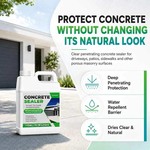 Rock Solid Hella Durable One Gallon Water Based Concrete Sealer Featuring Zero Voc Silane Siloxane Penetrating Topcoat in clear bottle.