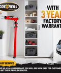 Beefed Up Heavy Duty Bike Repair Stand For E-Bikes MTB Road And Mountain Bikes in garage showing red frame next to storage cabinet