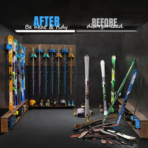Heavy Duty Wall Mounted Ski And Snowboard Rack For Garage Keeps Gear Crash Proof Featuring Soft Rubber Holders That Lock Boards Rock Solid And Super Sweet Storage Setup Blue 4 Pack, organized ski gear display with wall mount.