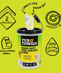 Tub O'Towels heavy-duty multi-surface cleaning wipes, 10x12 in, dual-texture canister with VaporLock lid