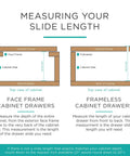 Guide for measuring slide length for Face Frame and Frameless cabinet drawers with diagrams.