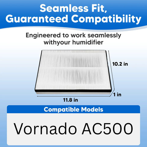 Premium Four Pack HEPA Filter Replacement Compatible With Vornado AC500 Air Purifier Featuring Active Carbon Prefilters for spotless indoor air measuring 11.8 x 10.2 x 1 inches.