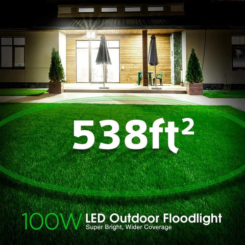 100W LED Flood Lights Hella Bright IP65 Waterproof Security Lamps illuminating 538 sqft of grass area at night.