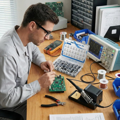 Man using No Brainer 400Pcs SMD Aluminum Electrolytic Capacitor Kit to repair a circuit board on a workbench.