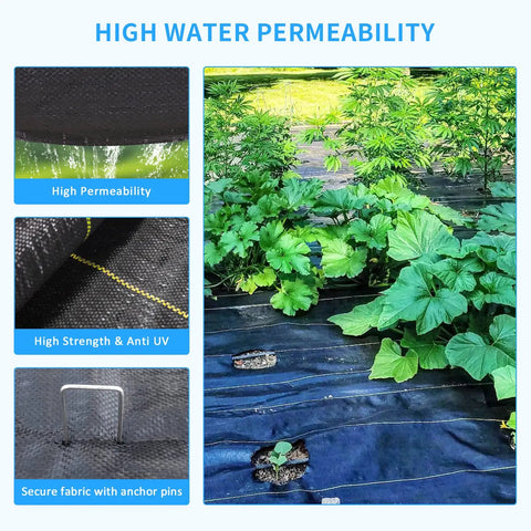 Heavy Duty Black Weed Barrier Fabric 6 Ft By 300 Ft Premium 3.5 Oz Woven Ground Cloth installed in garden showing permeability.