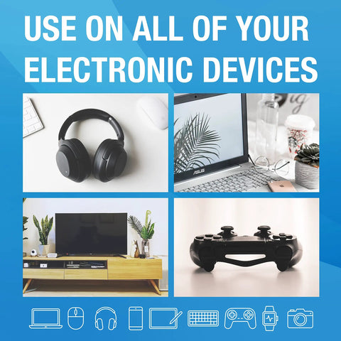 Electronics Cleaning Wipes For TVs Phones Monitors And All Your Gadgets Comes With Microfiber Towel 30 Count Gentle Safe Non Abrasive Screen Cleaning For Everyday Use shown with gadgets like headphones, laptop, TV, and controller.