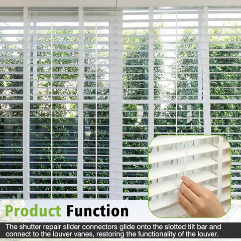 20 Pcs Universal Window Blind Repair Kit Featuring Rugged Shutter Slide Connectors And Slotted Tilt Bars For Quick No Sweat Fixes And Top Shelf Shade Realignment in use on white blinds.