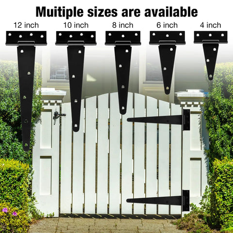 Heavy Duty 12 Inch T Strap Black Gate Hinges Featuring Dang Smooth 270 Degree Rotation For Barn Shed And Fence Gates displayed in various sizes.