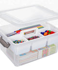 17 Quart Clear Plastic Storage Bins With Four Compartment Removable Tray, Stackable Latching Box With Easy Grip Handle For Tool, Craft And Office Organization In Bright Orange
