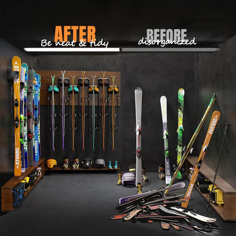 Ski and snowboard storage using Badass Ski And Snowboard Wall Rack Provides No Sweat Garage Storage With Slip Resistant Rubber Pads.