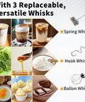 Rechargeable Handheld Milk Frother With Stand 3 Speeds And 3 Detachable Stainless Steel Whisks Electric Drink Mixer For Lattes Cappuccinos Matcha Barista Grade Foam And Eggs Kitchen Gadget Gift showing three whisks: spring, hook, and ball.