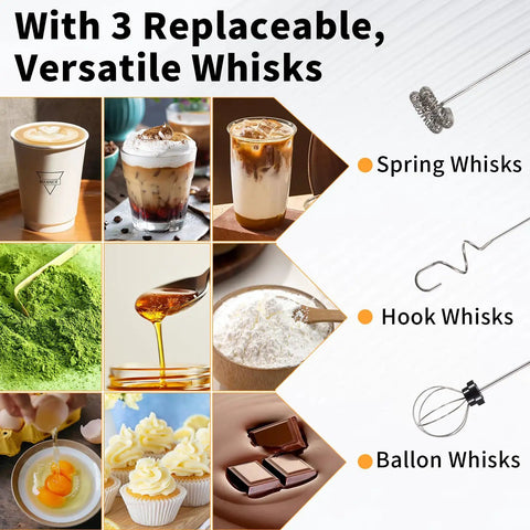 Rechargeable Handheld Milk Frother With Stand 3 Speeds And 3 Detachable Stainless Steel Whisks Electric Drink Mixer For Lattes Cappuccinos Matcha Barista Grade Foam And Eggs Kitchen Gadget Gift showing three whisks: spring, hook, and ball.