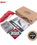 Rock Solid 130W Corded Rotary Multi Tool Kit For Cutting Drilling Engraving And Polishing With Dremel Compatible Bits, red color, owner's manual.