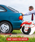 Set Of Two Heavy Duty Hydraulic Wheel Dollies With Foot Pump Lift And Six Thousand Pound Capacity For Smooth Rolling Tire Skates in use on car.