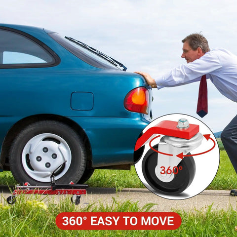 Set Of Two Heavy Duty Hydraulic Wheel Dollies With Foot Pump Lift And Six Thousand Pound Capacity For Smooth Rolling Tire Skates in use on car.