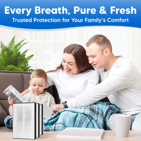 Direct Fit H13 Replacement Filter 4 Pack With Activated Carbon Foam Prefilters AC550 Air Purifier Media Kit next to family enjoying fresh air.