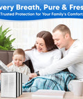 Family enjoying time together with AC550 air purifier H13 replacement filters in the foreground, promoting clean air.