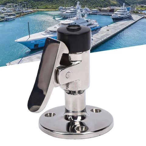 Rock Solid Heavy Duty 316 Marine Door Stopper And Holder Catch Brushed Stainless Steel Build Spring Loaded Latch Wall Mount For Boats Yachts Ships Kills Noise With Soft Rubber Bumper viewed from an angle, showcasing spring latch and base.
