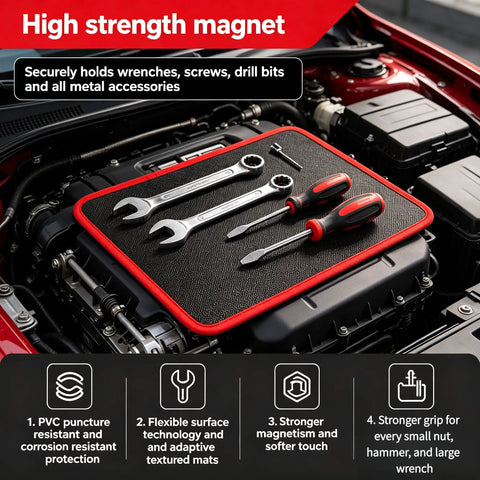 Dual Magnetic Tool Mats Set For Mechanics And DIYers Heavy Duty Magnetic Trays To Hold Screws Nuts Bolts And Small Metal Parts Non Slip Flexible Work Surface For Car Repair And Workshop, red-edged mat in engine bay with wrenches and screwdrivers