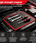 Two Pack Magnetic Tool Mats Set For Grab And Go Convenience Holding Screws Nuts Bolts And Small Metal Parts Non Slip Holder For Mechanics Car Repair And Workshop With Medium And Large Mats 12.8 By 4.33 Inches And 12.8 By 9.64 Inches, red-edged mat in car engine bay