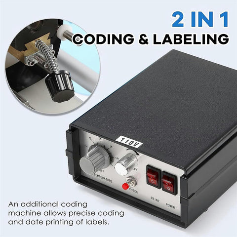 Slick Semi Automatic Label Applicator For Round Bottles With Built In Printer showing control panel and coding features.