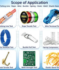 Scope of application for Wheel Operated Push Pull Force Gauge Test Stand including fishing line, wire, buckle, and spring tests.