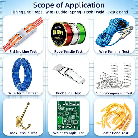 Scope of application for Wheel Operated Push Pull Force Gauge Test Stand including fishing line, wire, buckle, and spring tests.
