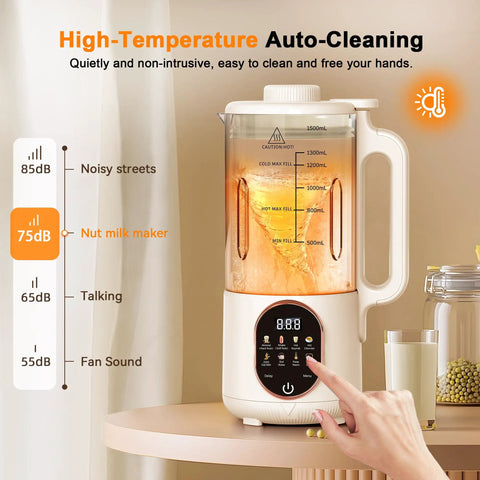 50 Oz Nut Milk Maker With 10 In 1 Functions And 20 Blades For Almond Cashew Coconut Oat Milk Plant Based Bevs Plus Chowder Juice Soy Milk Delay Start Boil Water Keep Warm And Auto Clean on kitchen counter