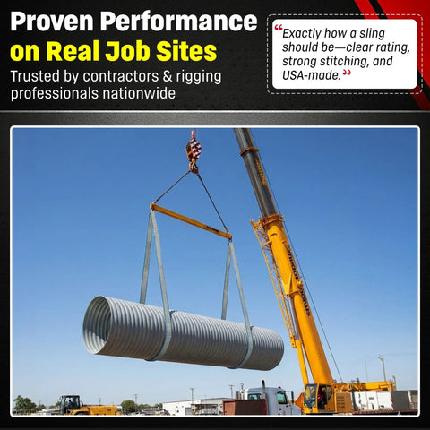 Heavy Duty 1 Inch By 6 Foot Polyester Lifting Sling For Rigging, 3200 Lb Vertical, hoisting large pipe with crane on site