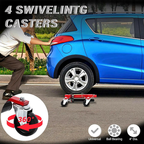 Rock Solid Wheel Dolly Set With Hydraulic Tire Jack And Twin Rollers 6000 Lbs Capacity Rust Proof Steel Auto Service Kit for easy garage moves with 4 swivel casters.
