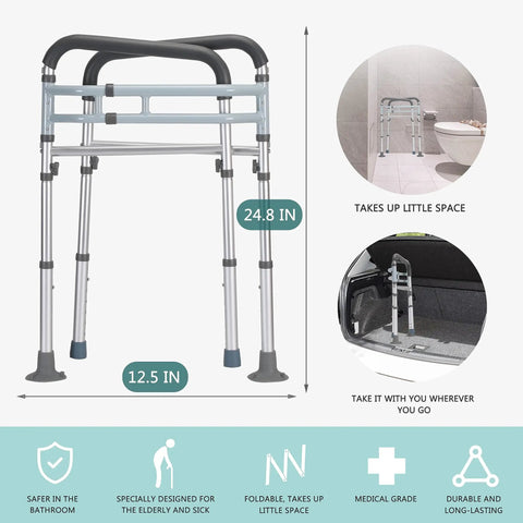 Heavy Duty Toilet Safety Rails Delivering 350 Lbs Weight Capacity With Adjustable Height And Width Bathroom Grab Bars shown in gray, measuring 24.8 in high.