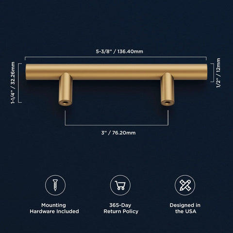 10 Pack 3-Inch Center Cabinet Handles with Brushed Brass Finish, showing measurements and design for modern home use.