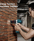 Heavy Duty Cordless Drill With Dual Speed Modes And 20 Plus 3 Torsion Settings providing exact control, drilling into brick wall.