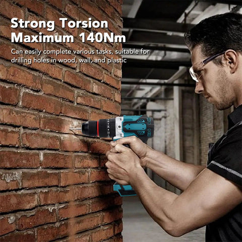 Heavy Duty Cordless Drill With Dual Speed Modes And 20 Plus 3 Torsion Settings providing exact control, drilling into brick wall.