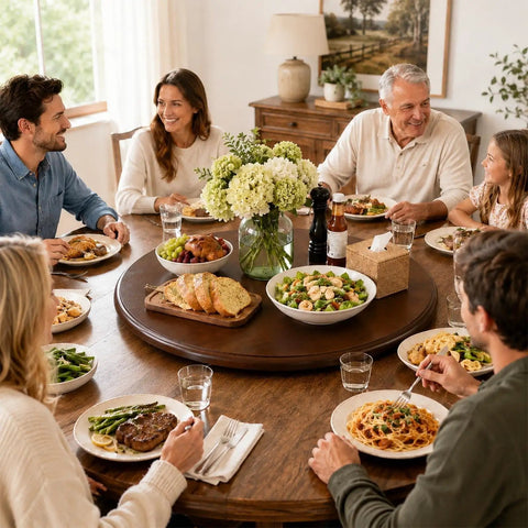 Top Shelf Walnut Lazy Susan Turntable 35.5 Inch Oversized Counter Rotating Tray With No Sweat 360 Spin Base, hosting family dinner.
