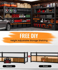 Heavy Duty Garage Shelving Units With Built Tough Storage Rack And Beefed Up Black Metal Frame For Garages And Workshops Supporting 5000 Lbs Load Across Five Rock Solid Tiers, featuring organized tools and tires.