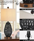 Touch Control Rattan Table Lamps Set Of 2 with 3 Way Dimming USB Ports and AC Outlet, Black Wicker Lamp with Linen Shade