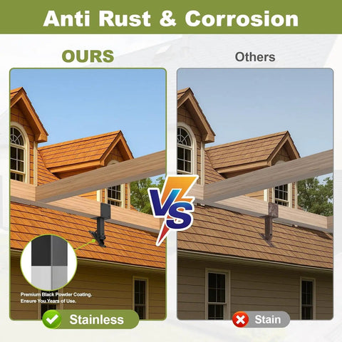 Image comparing Heavy Duty Roof Riser Brackets Built Bombproof With Zero Flex Adjustable Pergola Beam Mounts for rust resistance.