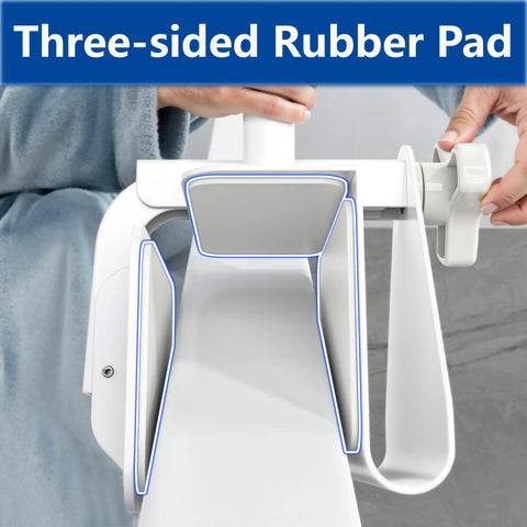 Rock Solid Adjustable Bathtub Safety Rail And Grab Bar Handle With Non Skid Grip showing three-sided rubber pad for stability.