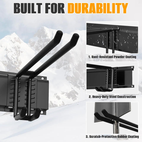 Sick Wall Mounted Ski Storage Rack That Handles 8 Pairs And Keeps Your Garage Clean With Dedicated Space For Snowboards Ski Poles And Helmets Helps You Keep Shredding Season A Total Breeze Without The Clutter, showing durable hooks with rubber coating.