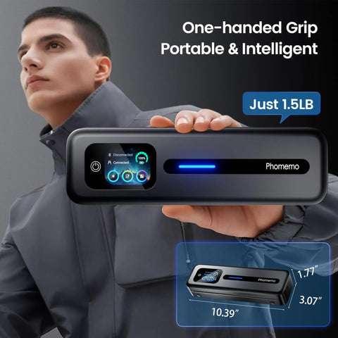 Upgraded Portable Wireless Printer With Touchscreen, Bluetooth Thermal Inkless M832D held by person in jacket