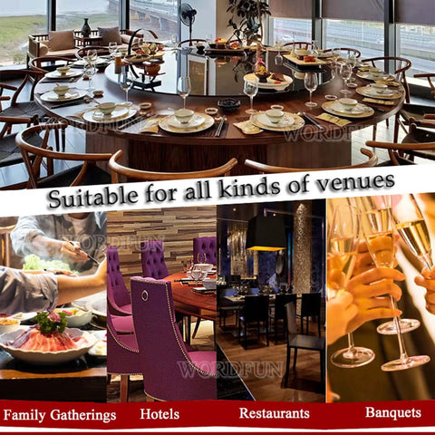 Kick Back Heavy Duty Tempered Glass Lazy Susan Turntable 31 To 35 Inch displayed on a round table in a dining setting.
