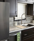 Solid Core Kitchen Cabinet Pulls 10 Pack Heavy Duty Stainless Steel Handles For Cabinets Doors And Dressers Three And Three Quarters Inch Hole Center Luxe Skylight Collection Top Shelf Hardware on dark wood cabinets in modern kitchen.