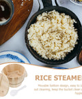 Handmade Wooden Rice Steamer Bucket With Flat Lid And Detachable Base For Commercial Kitchen Use, filled with cooked rice.