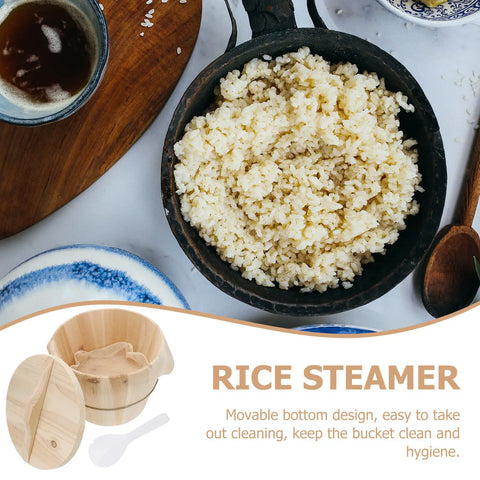 Handmade Wooden Rice Steamer Bucket With Flat Lid And Detachable Base For Commercial Kitchen Use, filled with cooked rice.