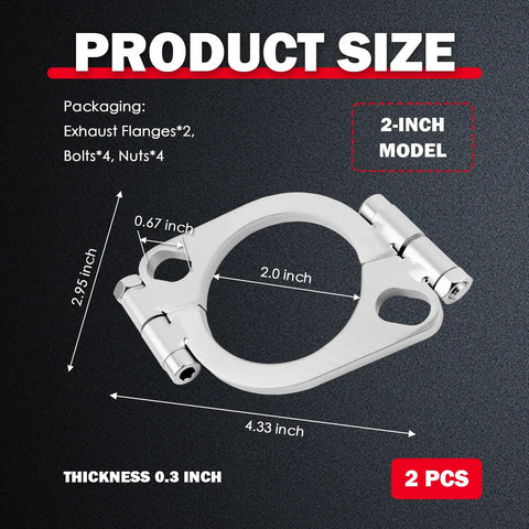 Heavy Duty Split Exhaust Flange Repair Kit Built For Grease Monkeys And Road Trippers Featuring Rock Solid Two And Two Point Five Inch Designs To Plug Gaps And Save Your Ride, shown in 2-inch size with dimensions.